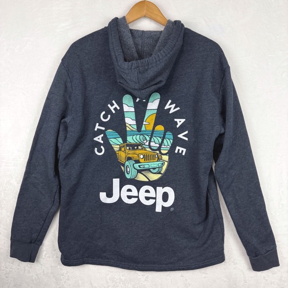 Next Level Apparel Tops - Jeep Hoodie Catch A Wave Graphic Logo Spell out Heather Navy Large